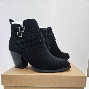 Ankle Boots Almond Toe Mid- heel Chunky Stacked Heels Booties Women Size 8 Black